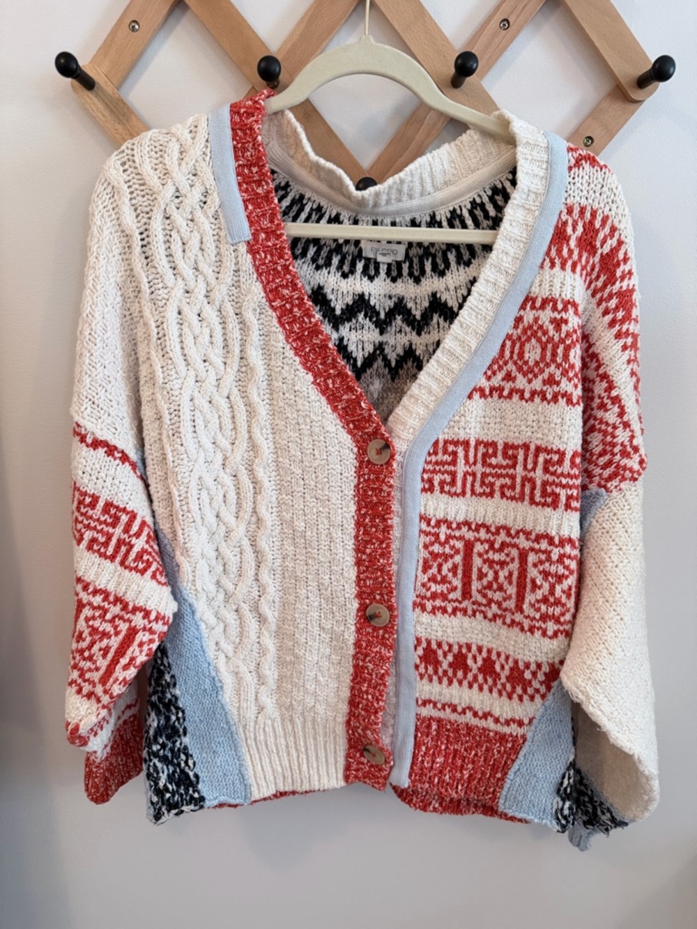 Anthropologie Patchwork Red Cream Blue Knit Cardigan